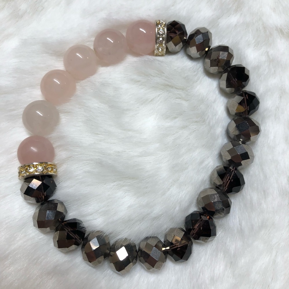 Black/Pink/Gold Stretch Fashion Quartz Faceted Bracelet